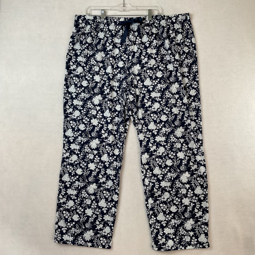 Lands End Navy Blue White Floral Pajama Lounge Pants XXL Plus Size Wide Leg